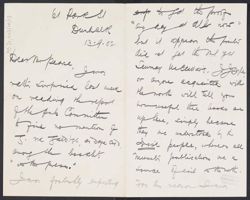 Letter from H[enry] Morris to Padraic Pearse urging the printing and publication of 'Greann na Gaedilge, an dara cuid' for students,