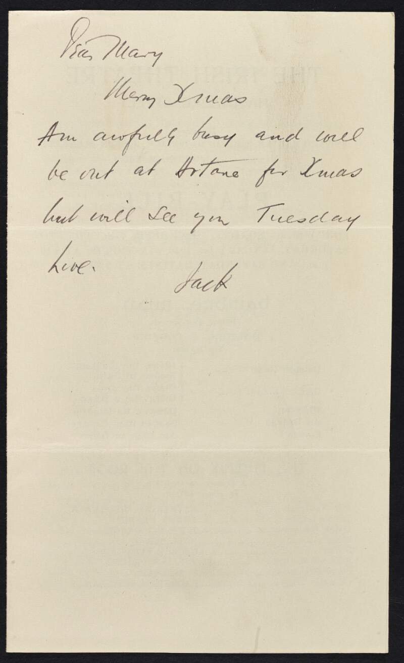 Note from John MacDonagh, also known as Jack, to [Mary MacDonagh?] wishing him a merry christmas,