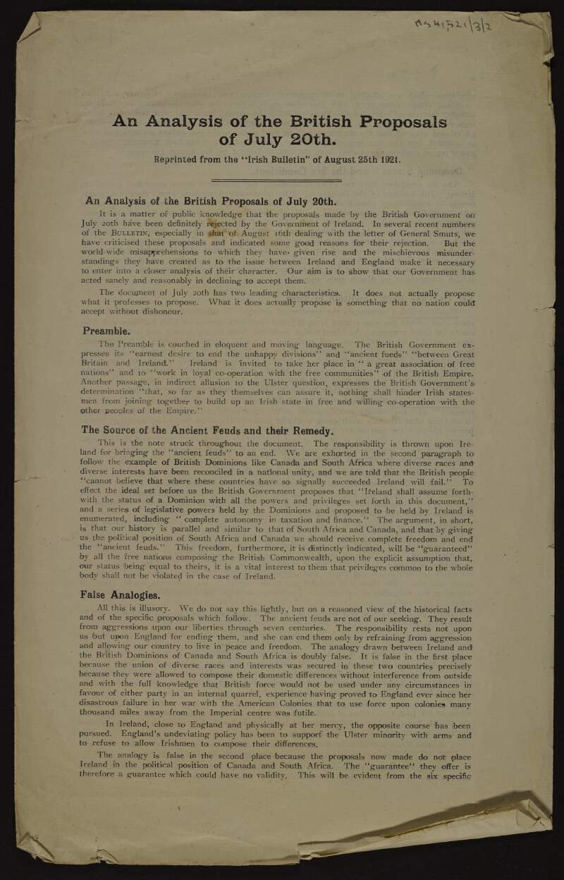 'An analysis of British proposals of July 20th on the subject of Ireland having British dominion status', reprinted from the Irish Bulletin of 25 August 1921.