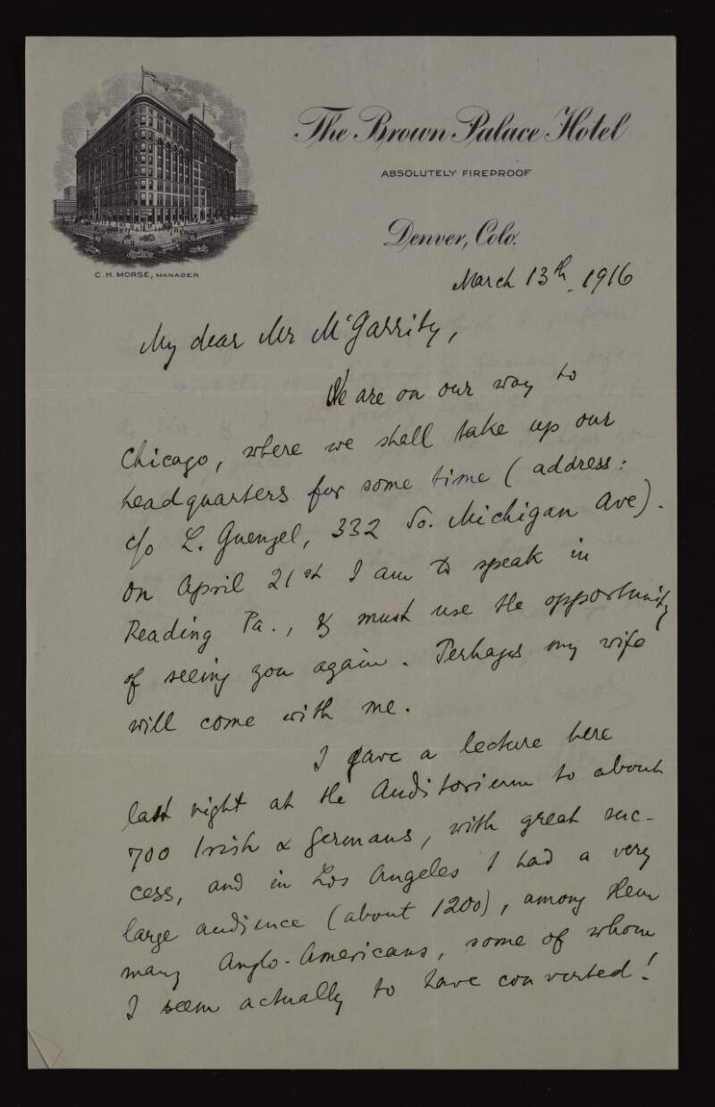 Letter from Kuno Meyer to Joseph McGarrity regarding lectures he is giving entitled "England and Germany before the War" which is converting Anglo-Americans to the Irish cause,