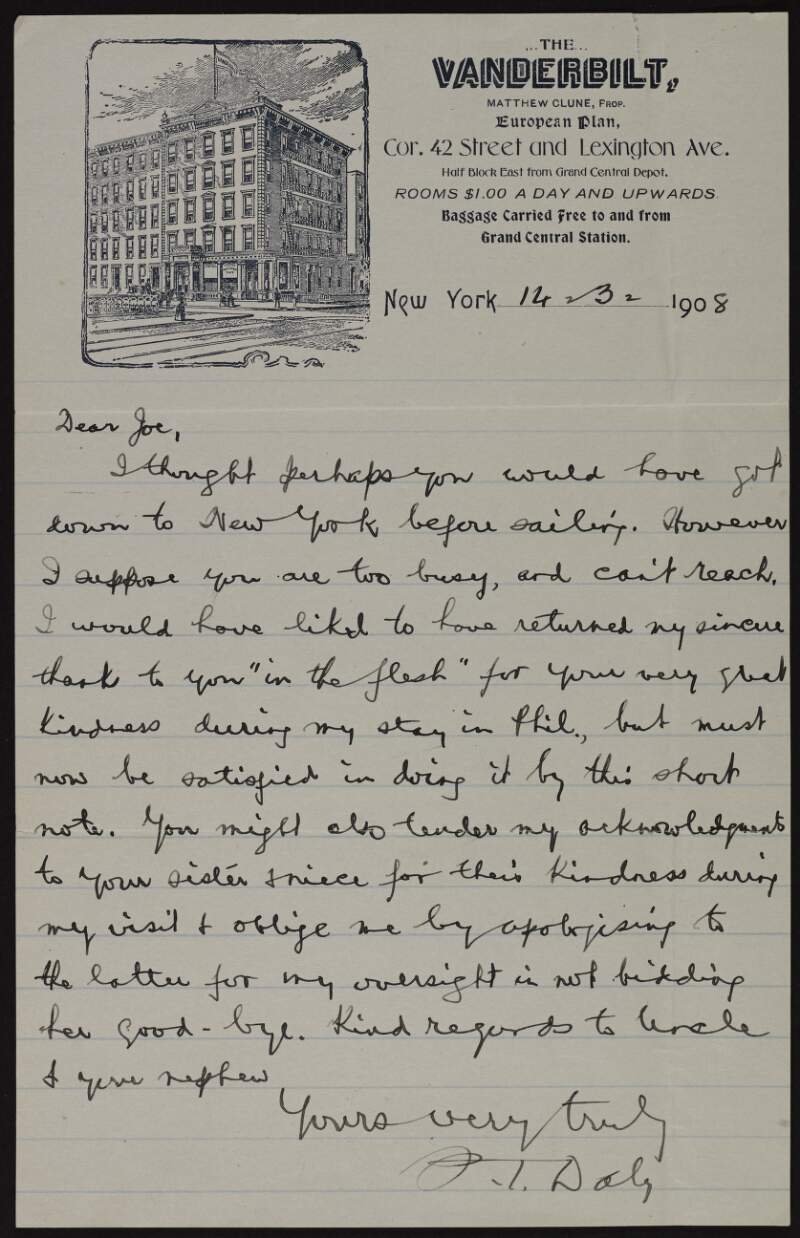Letter from P.T. Daly to Joseph McGarrity thanking McGarrity for his generosity during his stay in Philadelphia,
