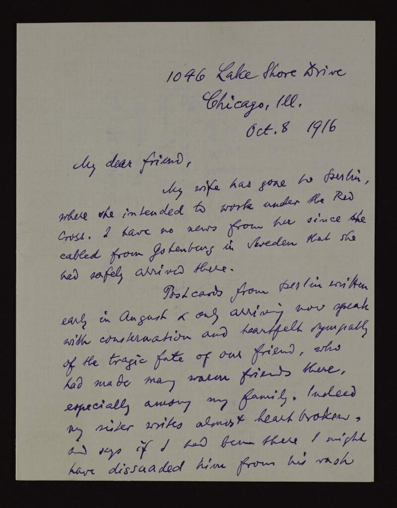 Letter from Kuno Meyer to Joseph McGarrity regarding the death of Sir Roger Casement and his wife having gone to Berlin to work with the Red Cross,