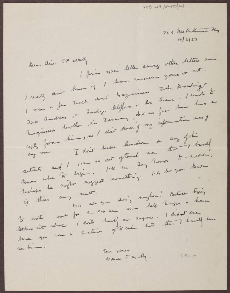 Letter to Annie O'Farrelly from Ernie O'Malley regarding his neglect at answering her letter,