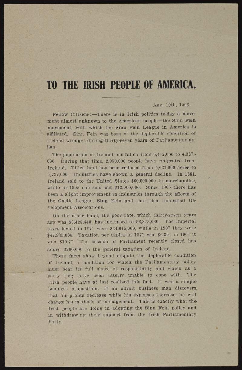 Address by the Sinn Féin Central Council in the United States titled 'To the Irish People of America',