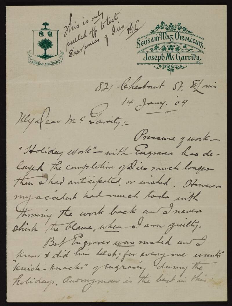 Letter from John G. Lee to Joseph McGarrity regarding designs for headed paper ordered by McGarrity,
