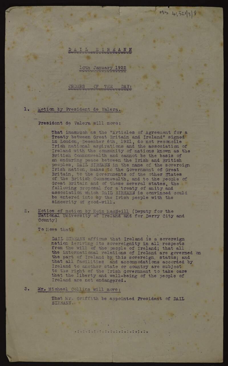 Dáil Éireann orders of the day, with 3 motions by President Éamon De Valera, Eoin MacNeill and Michael Collins,