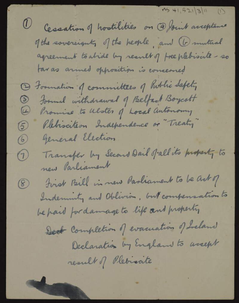 Document setting out steps around cessation of hostilities, release of political prisoners, meeting of second Dáil and other matters,