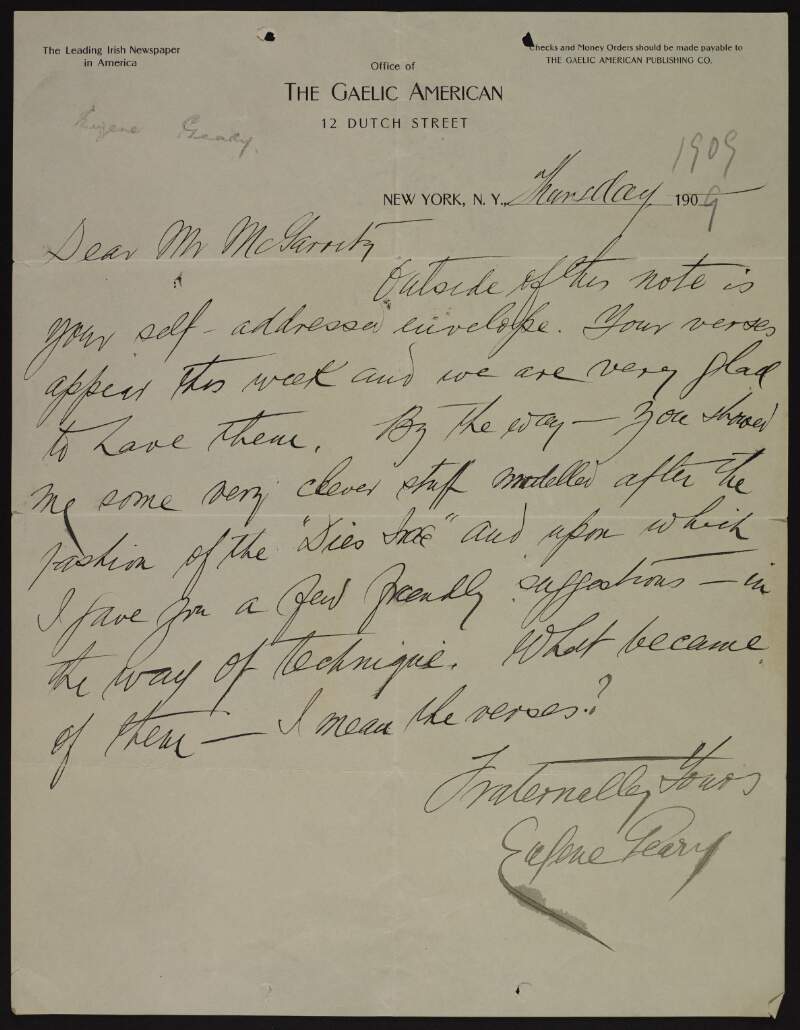 Letter from Eugene Geary to Joseph McGarrity regarding the publication of McGarrity's poetry,