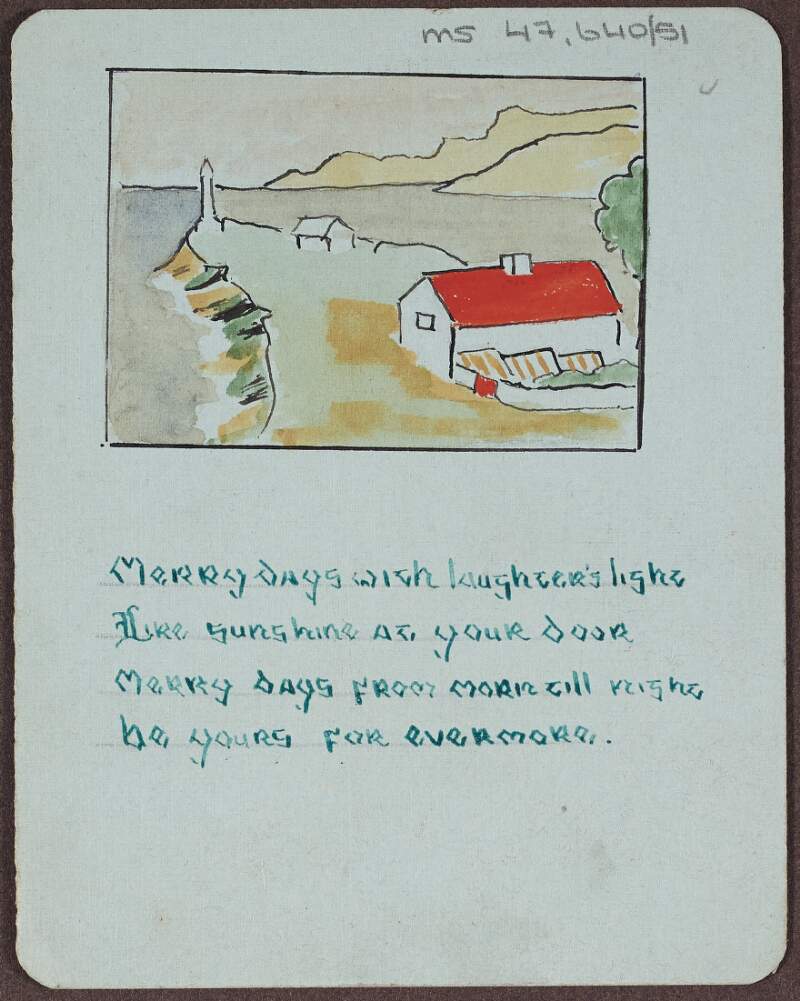 Christmas card with verse and coloured drawing from Larry Grogan, No. 1 Internment Camp, The Curragh,