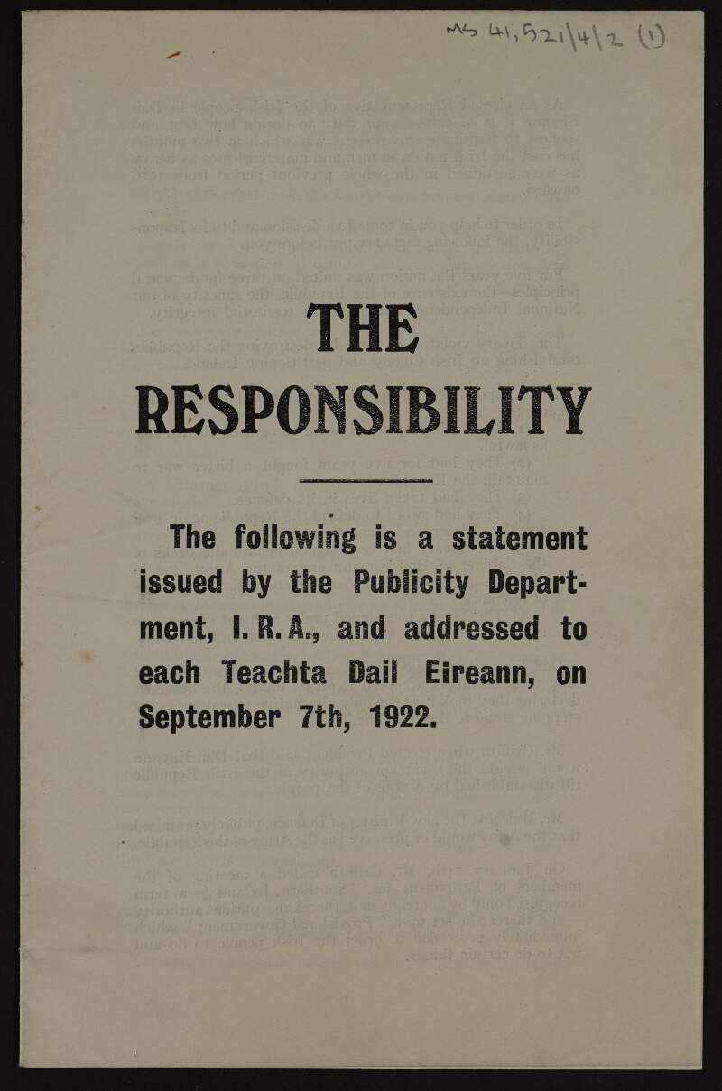 IRA pamphlet entitled 'The responsibility' urging TDs to work to stop the Civil War,