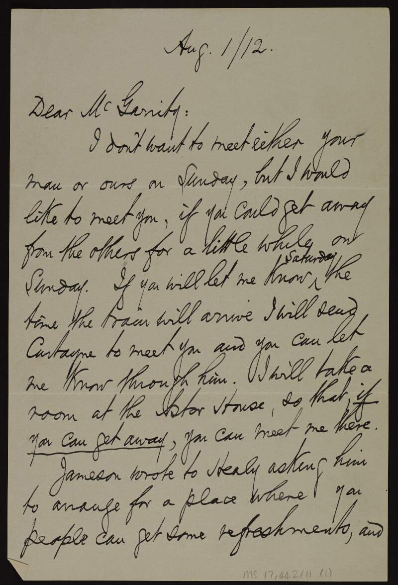 Letter from John Devoy to Joseph McGarrity discussing the possibility of meeting him the following Sunday,