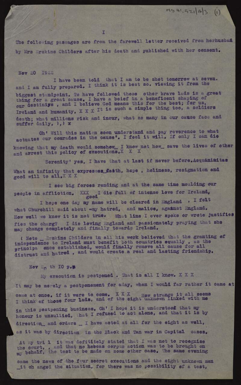 Copy typescript extracts from the farewell letter of Erskine Childers to his wife Molly Childers, with related (typed) notes,