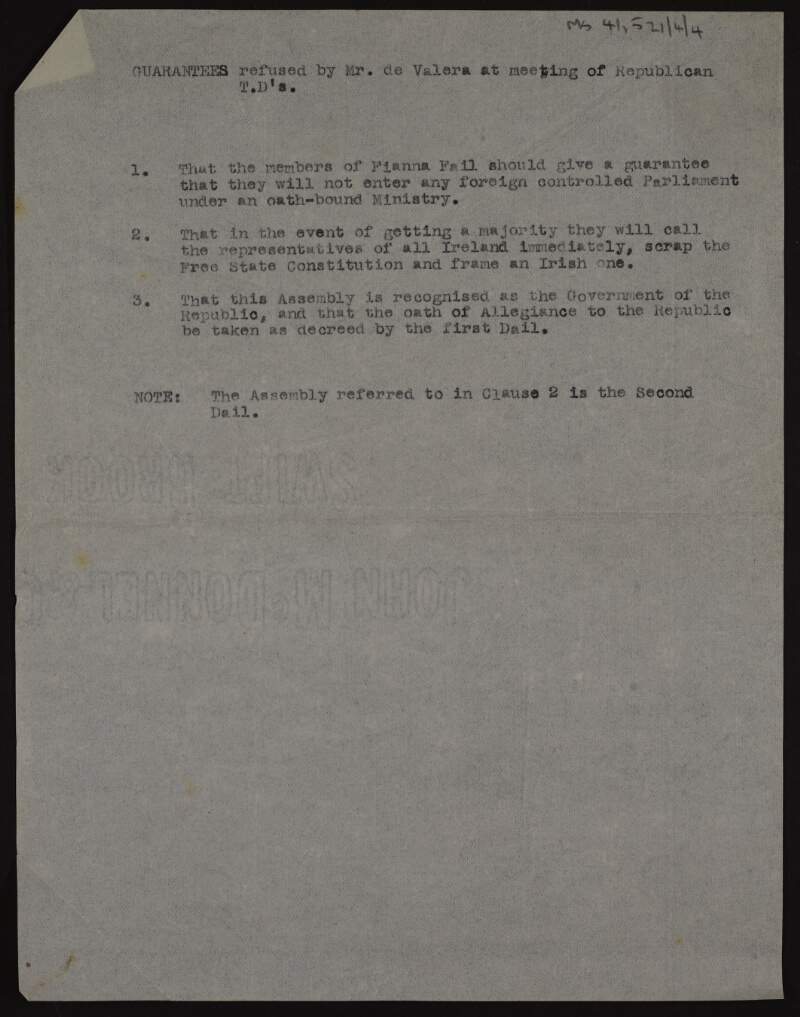 Document recording 3 guarantees refused by Éamon De Valera at a meeting of Republican TDs,
