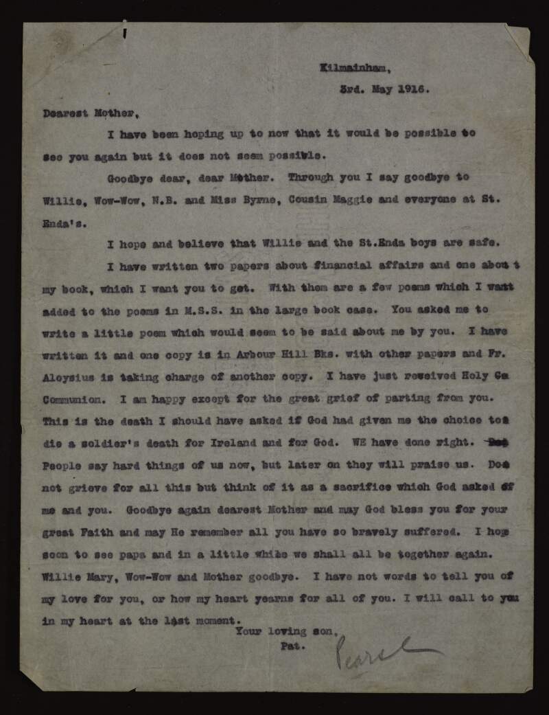 Typescript copy of a letter from Padraic Pearse to his mother Margaret Pearse one hour before his execution,