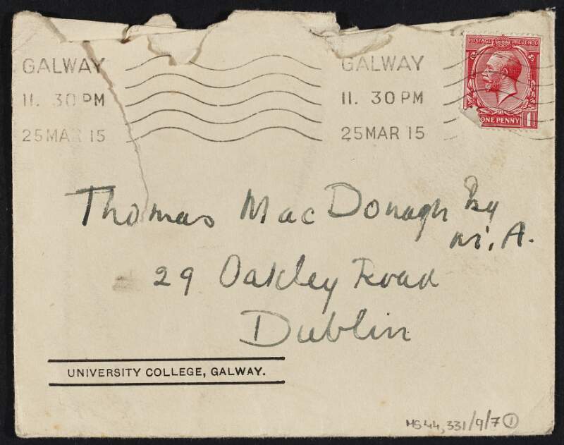 Letter from Max Drennan to Thomas MacDonagh, concerning his views on poetry and Irish politics,