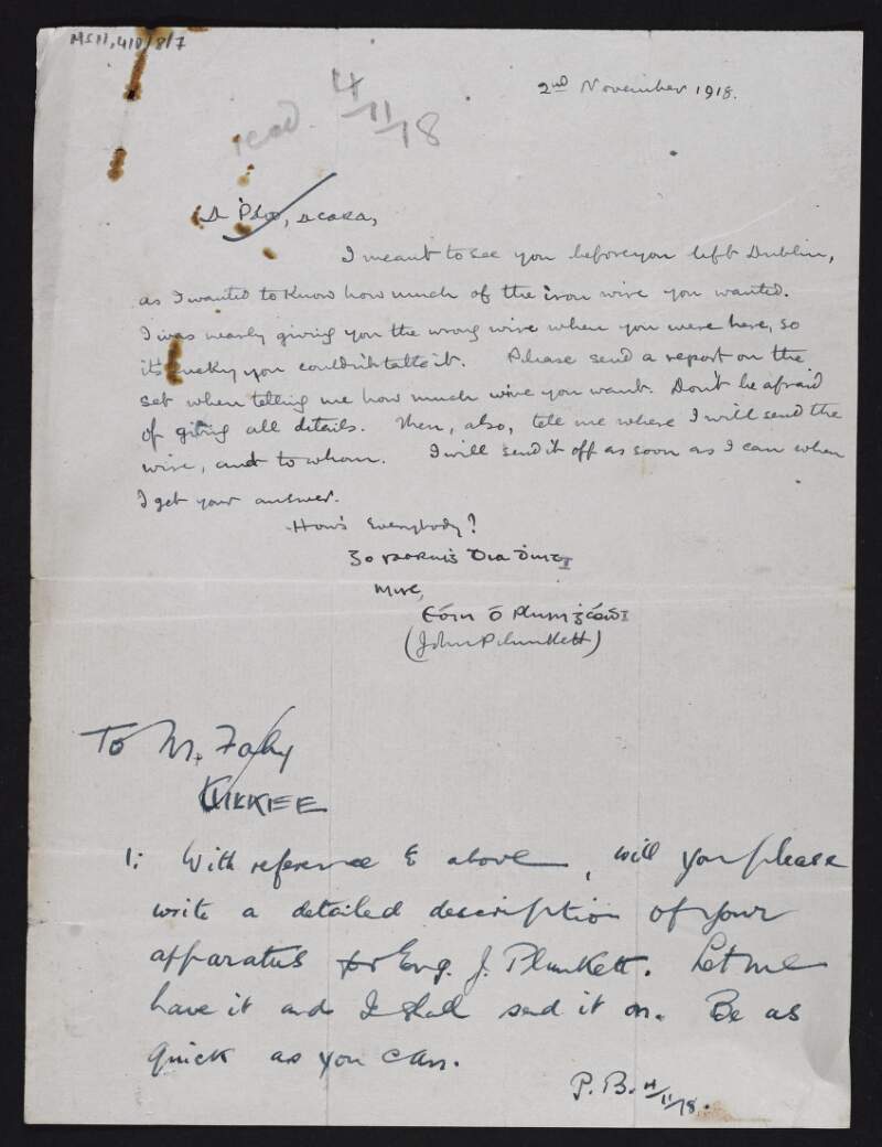 Two letters on the same page, the first from Jack Plunkett to an unidentified recipient, asking for a report on how much iron wire he wants, and the second from "P.B." to Michael Fahy, asking him to respond to the first letter,