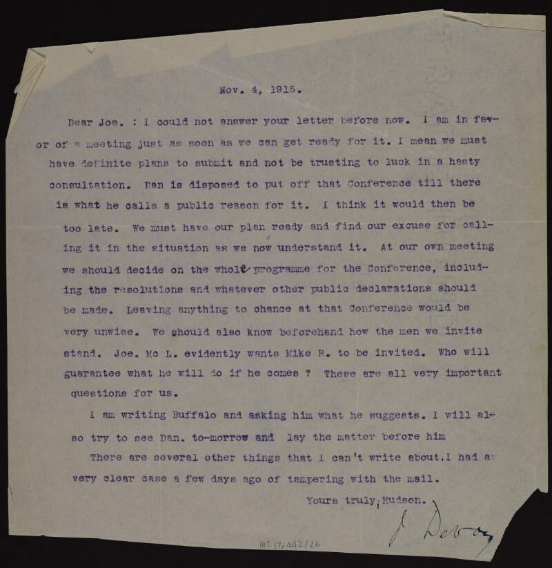 Typescript letter from "Hudson" [John Devoy] to Joseph McGarrity regarding organising the next Conference,