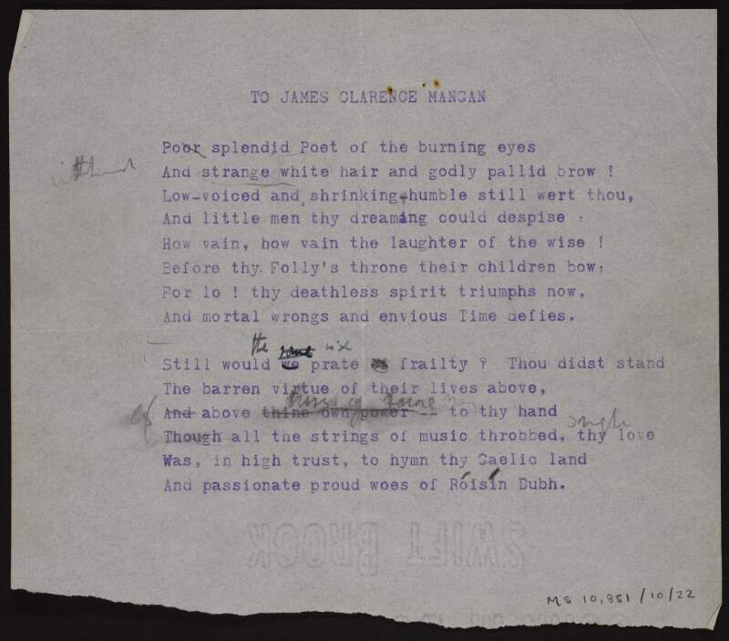 Annotated typescript draft of the poem 'To James Clarence Mangan',