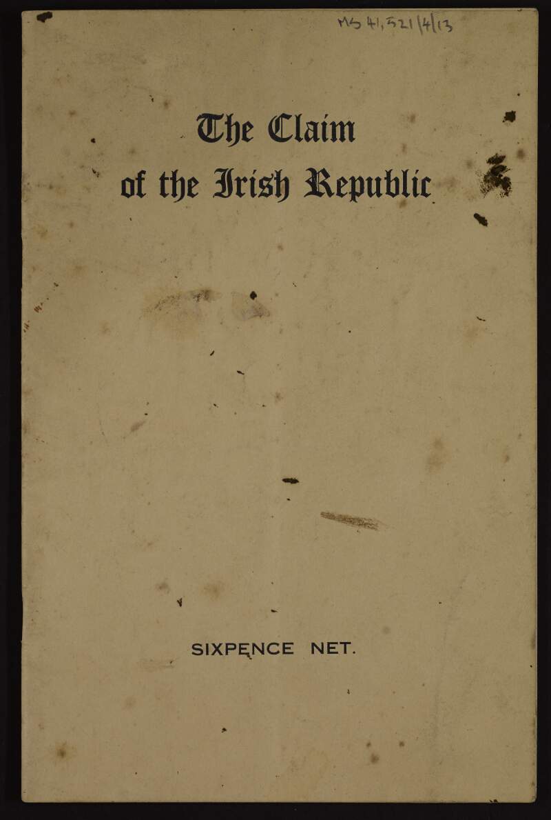 Pamphlet titled 'The Claim of the Irish Republic',