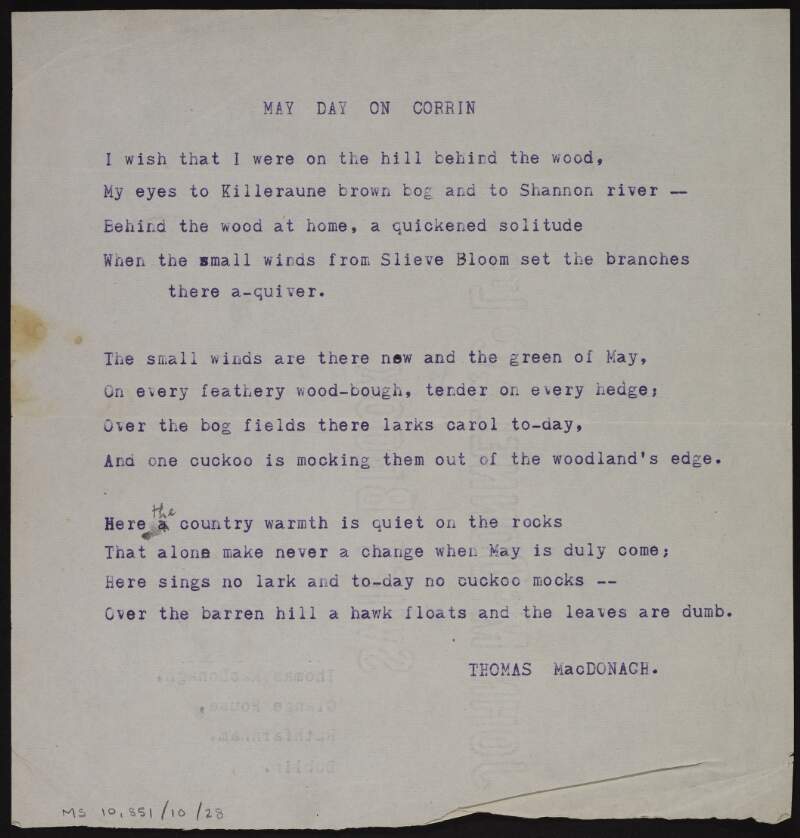 Annotated typescript draft of poem 'May day on Corrin',