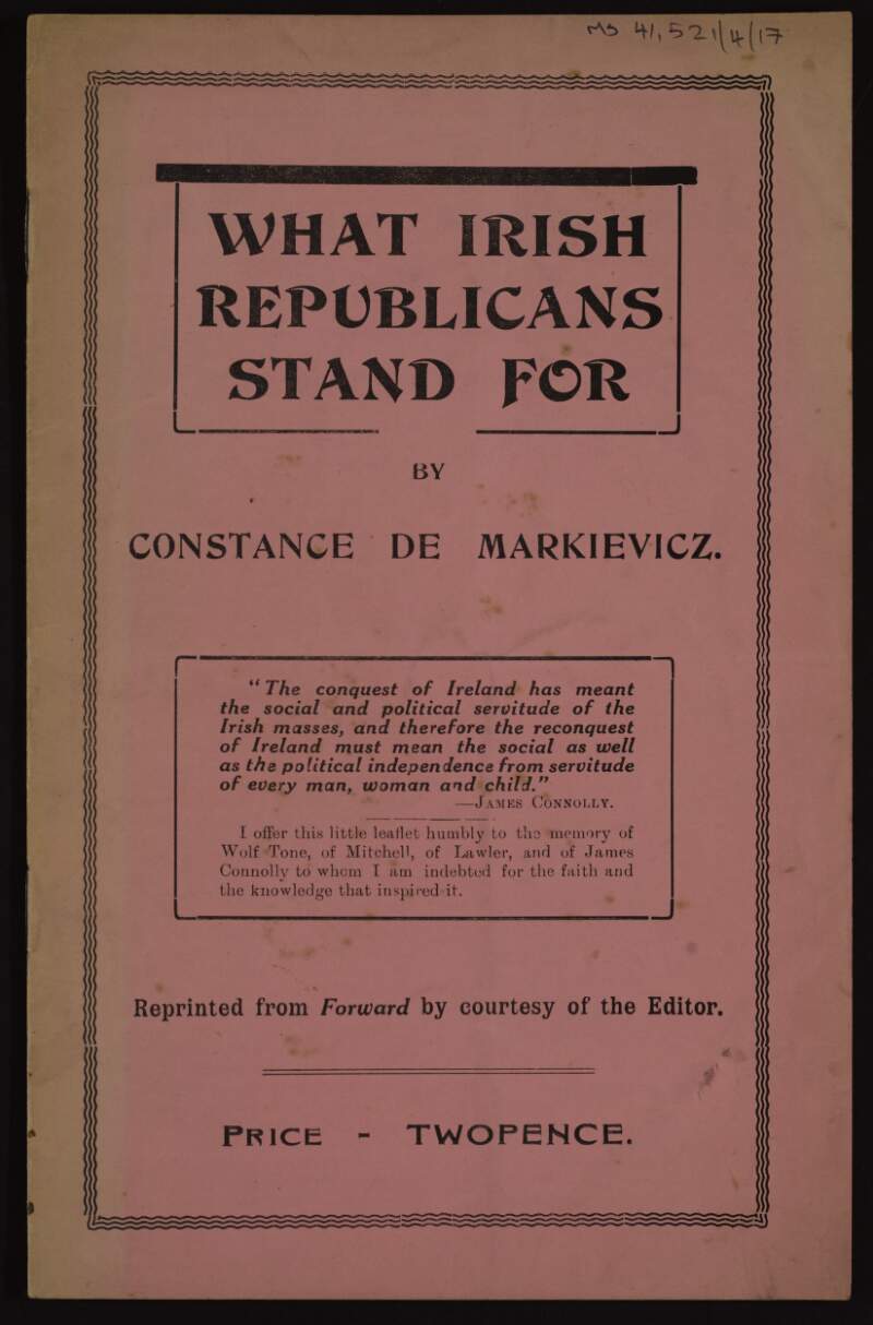 Pamphlet by Constance de Markievicz titled 'What Irish Republicans Stand For',