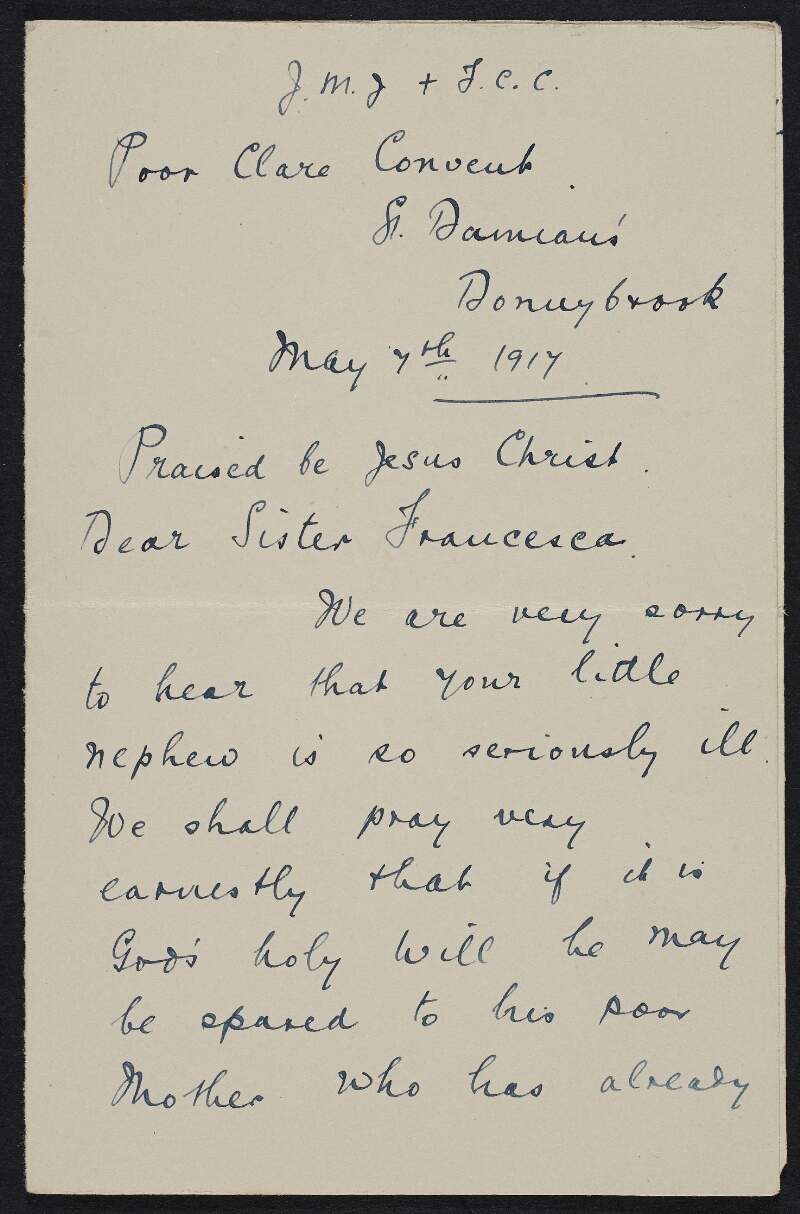 Letter from "Sister M. Genevieve" to Mary MacDonagh, Sister Francesca, sending their sympathies regarding her nephew's seriously ill condition,