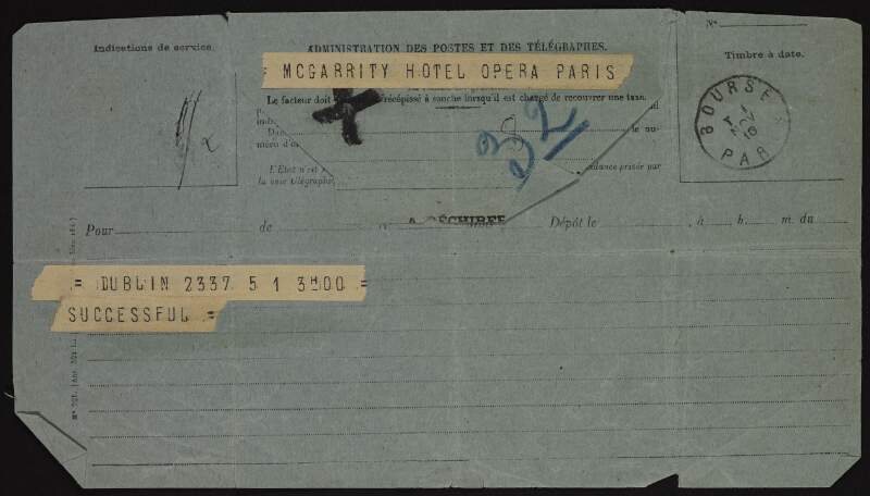 Telegram from unknown sender in Dublin to Joseph McGarrity in Paris with text "Successful",