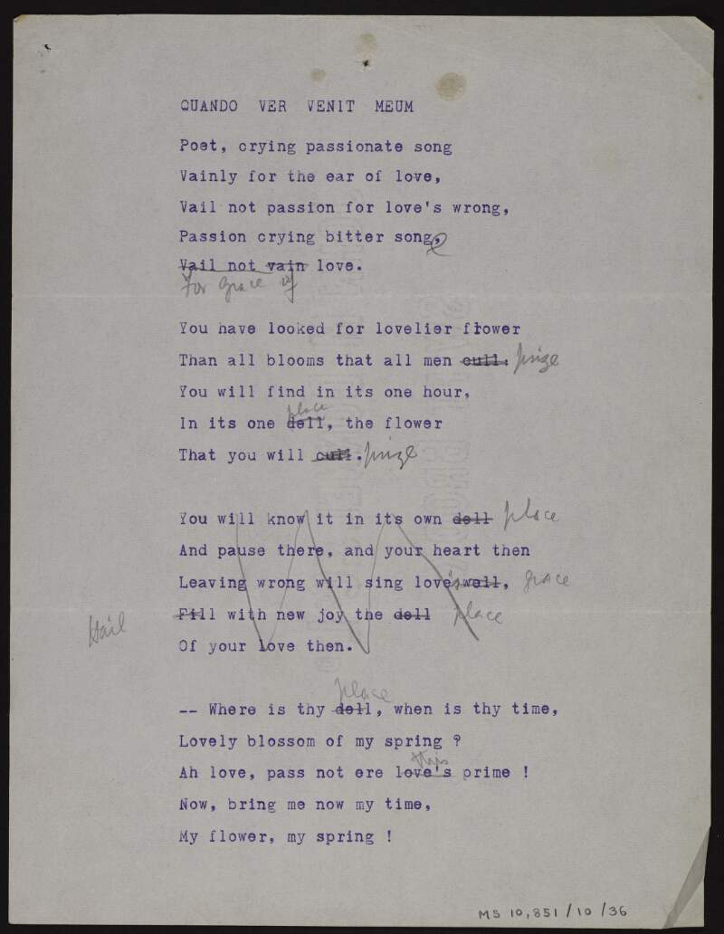 Annotated typescript draft of poem 'Quando ver venit meum',