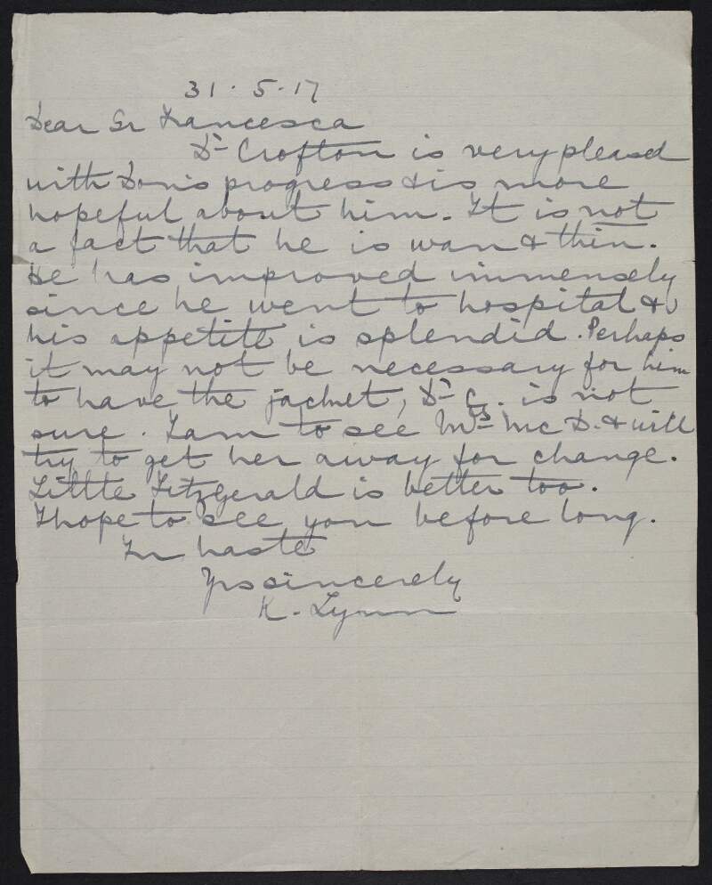 Letter from [K. Lynam) to Mary MacDonagh, Sister Francesca, saying that the doctor is pleased with Donagh's progress,
