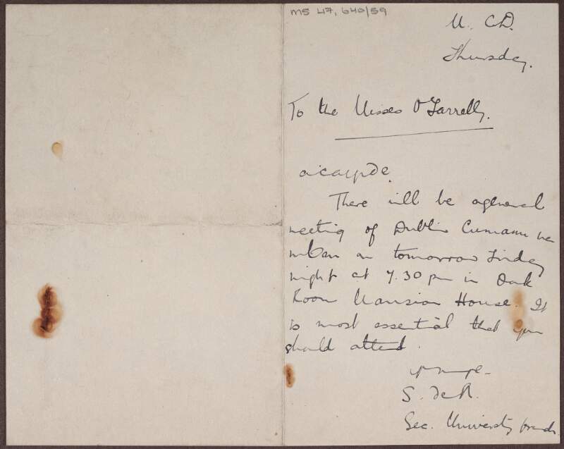 Letter to Annie O'Farrelly and her sisters from Sínead de Lúgla summoning them to attend a Cumann na mBan meeting as it is "most essential that you should attend",