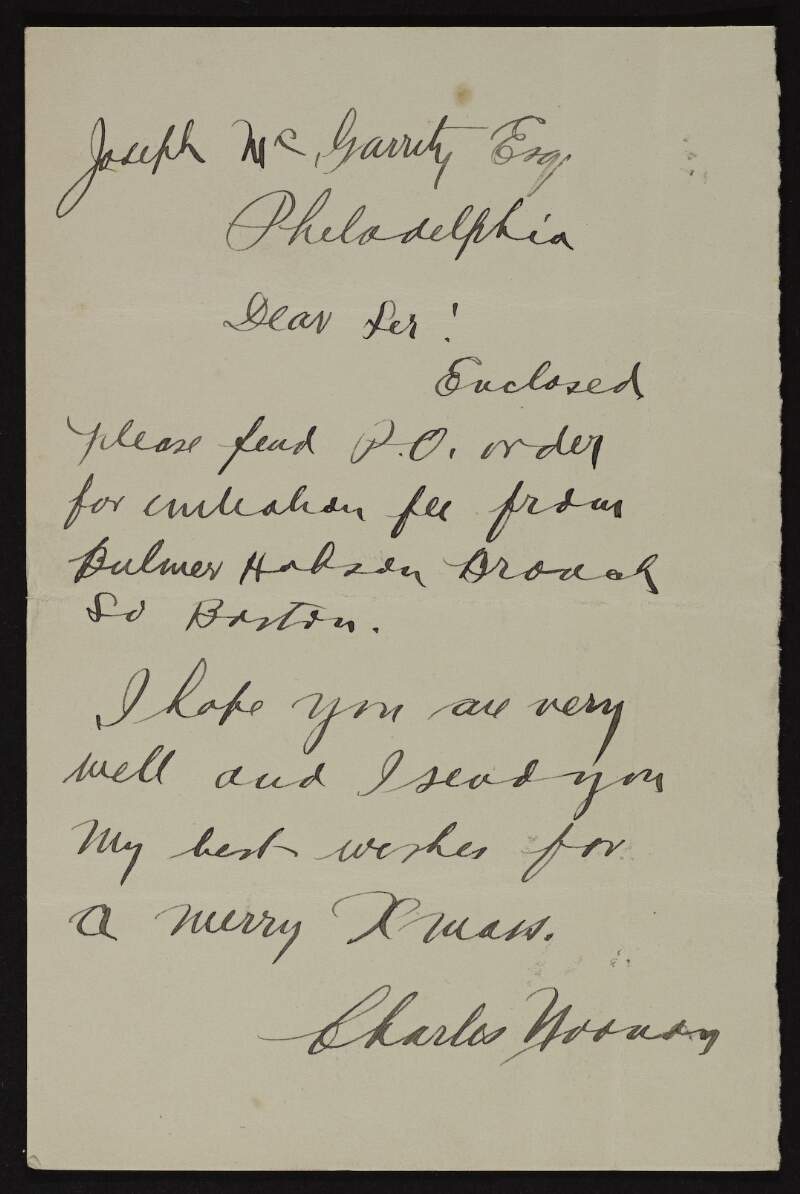 Letter from Charles Noonan to Joseph McGarrity regarding a postal order [no longer extant] from Bulmer Hobson,
