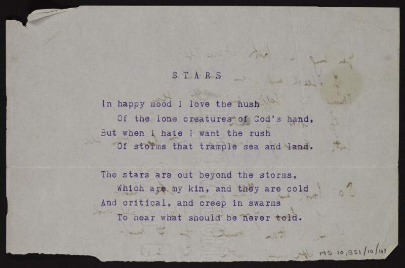 Annotated typescript draft of poem 'Stars', with partial manuscript draft of poem ['The song of joy'] on verso,