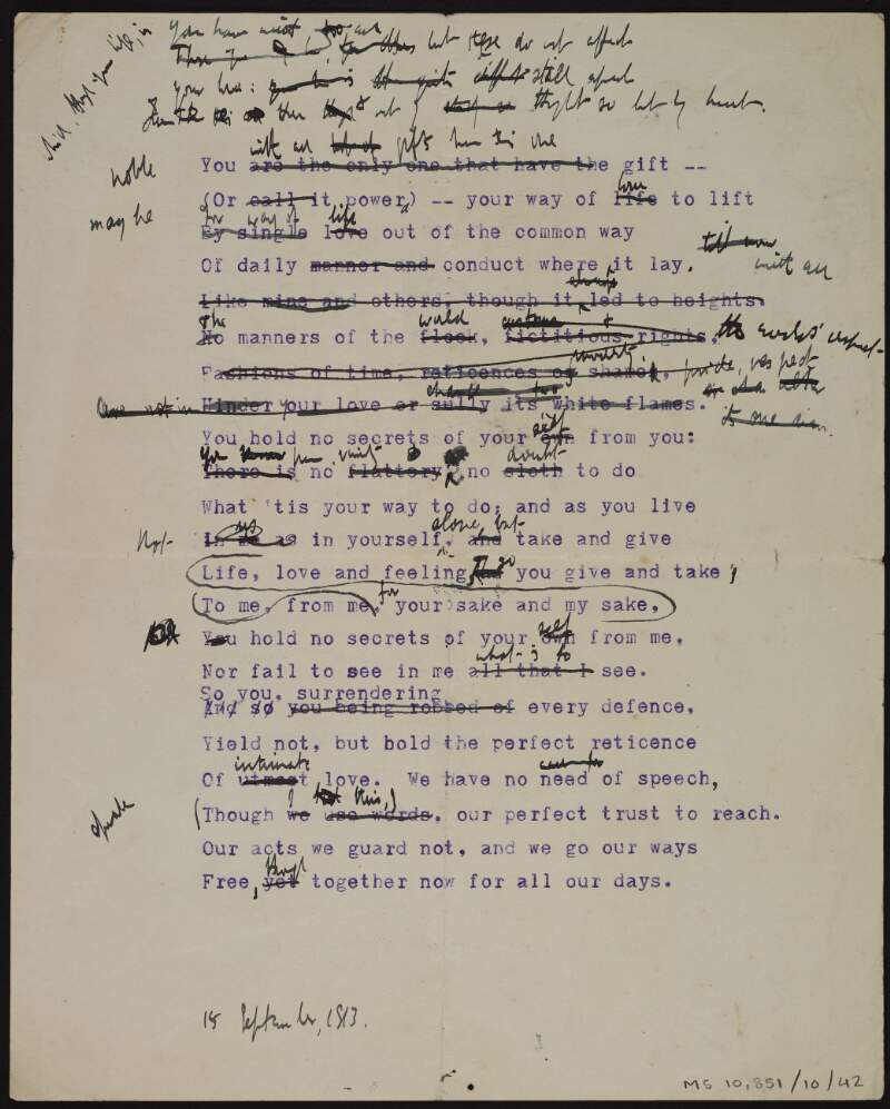 Annotated typescript draft of poem ['To my lady'],