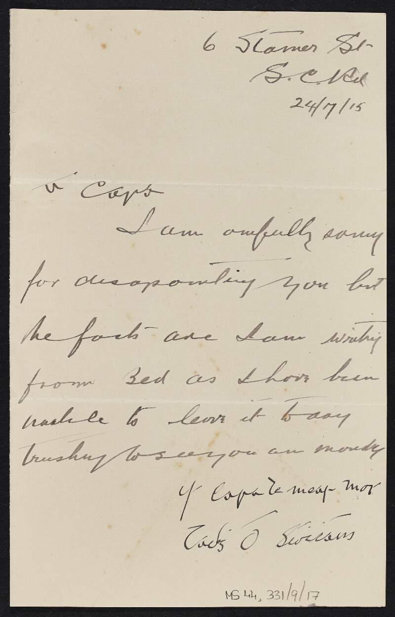 Letter from Tadhg Ó Síothcháin to Thomas MacDonagh apologising for disappointing him and also mentioning him he will see him on Monday,