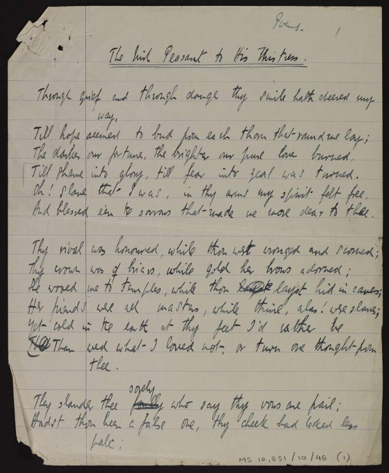 Manuscript copies of the poems 'The Irish peasant to his mistress' by Thomas Moore and 'The starling lake' by Seumas O'Sullivan, in the hand of Thomas MacDonagh,