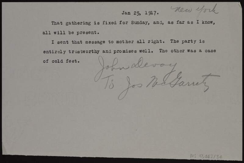 Typescript letter from John Devoy to Joseph McGarrity informing him that the next meeting is set for Sunday,