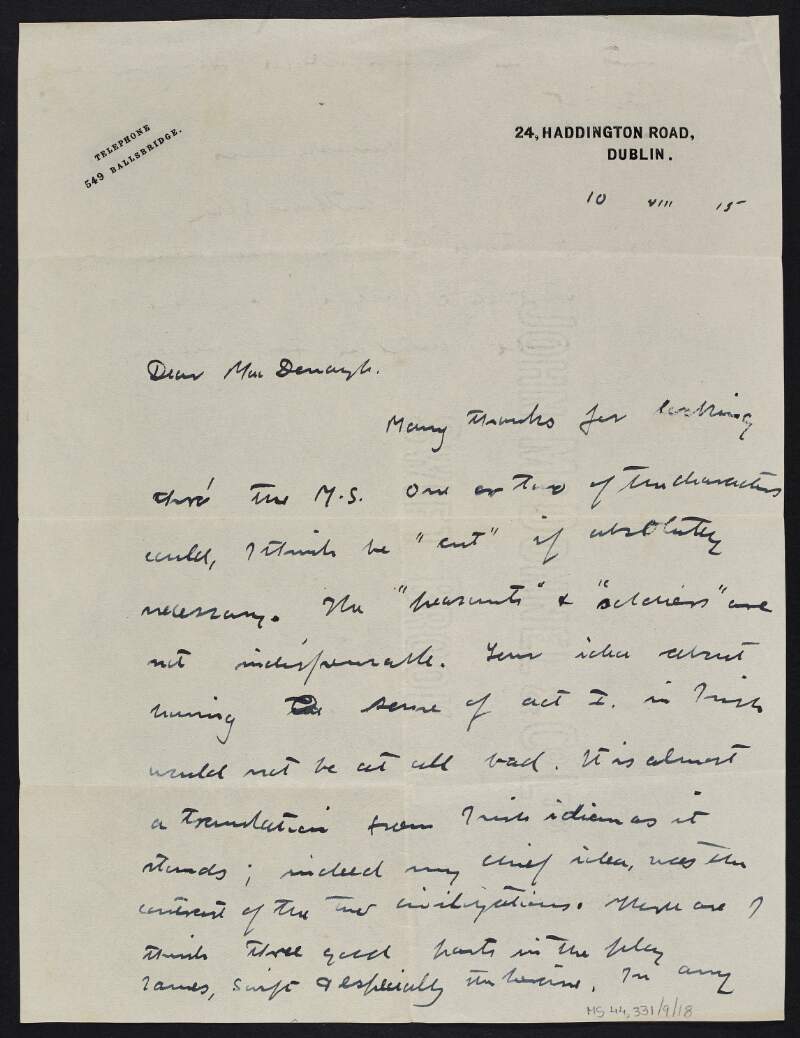 Letter from Arthur Clery to Thomas MacDonagh, thanking him for examining a manuscript,