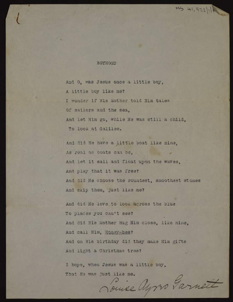 Typescript, signed [by author?] of a poem entitled 'Boyhood', by Louise Ayres Garnett,