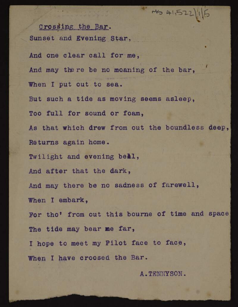 Typescript of 'Crossing the bar', a poem by Alfred, Lord Tennyson,