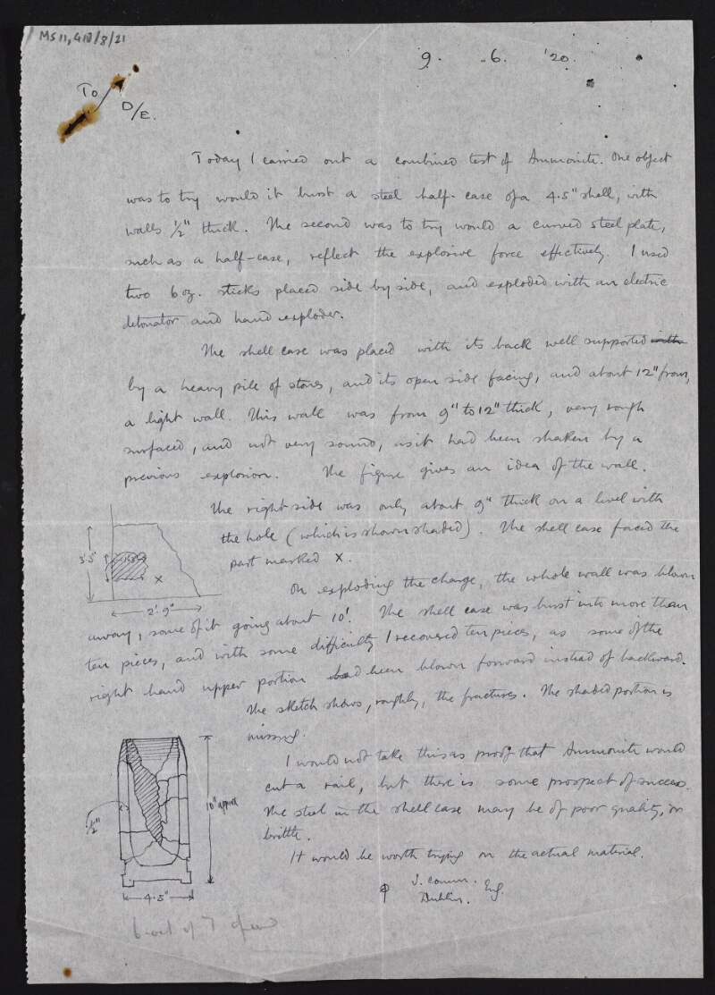 Letter from Jack Plunkett to Rory O'Connor, describing the tests carried out with explosives, with diagrams,
