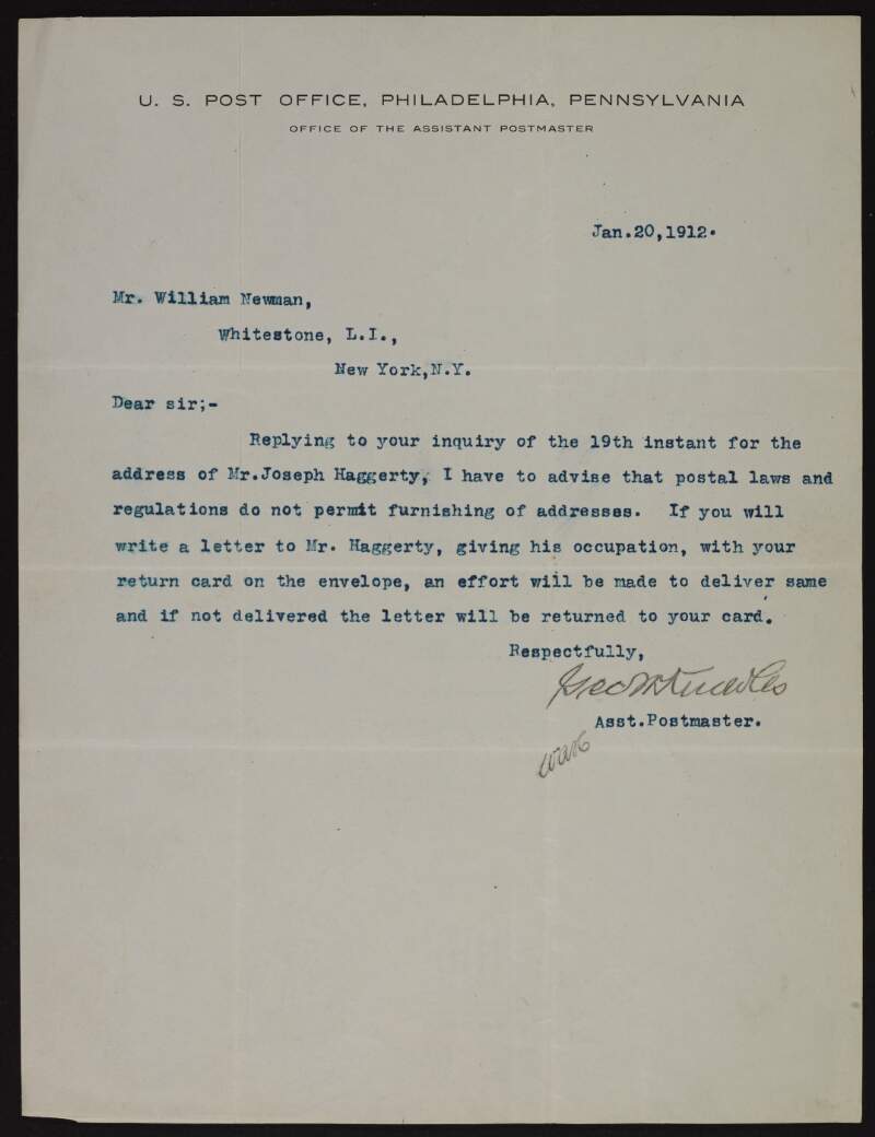 Letter from the Office of the Assistant Postmaster, U.S. Post Office Philadelphia, to "William Newman" in reply to a query regarding "Joseph Haggerty",