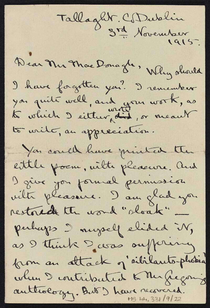 Letter from Alice Furlong to Thomas MacDonagh regarding a poem she has agreed to have printed in his book, corrections to be made to the poem and her frequent use of the Gaelic language,