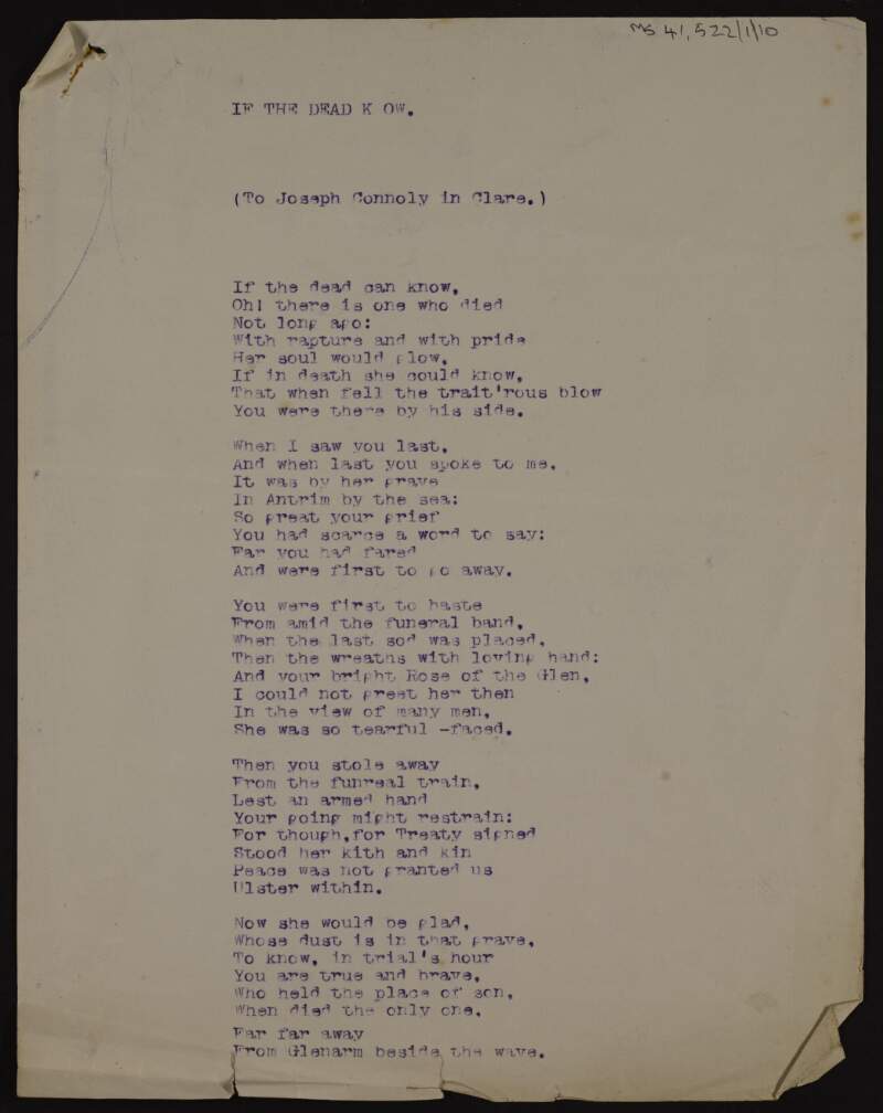 Typescript of a poem 'If the dead know'; unidentified author,