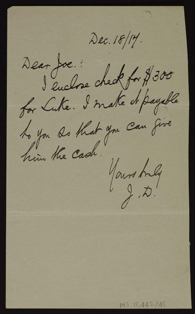 Letter from John Devoy to Joseph McGarrity with check for "Luke",