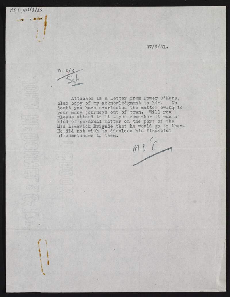 Letter from Michael Collins to Rory O'Connor regarding the letter from Power O'Mara requesting funds, and asking him to attend to it,