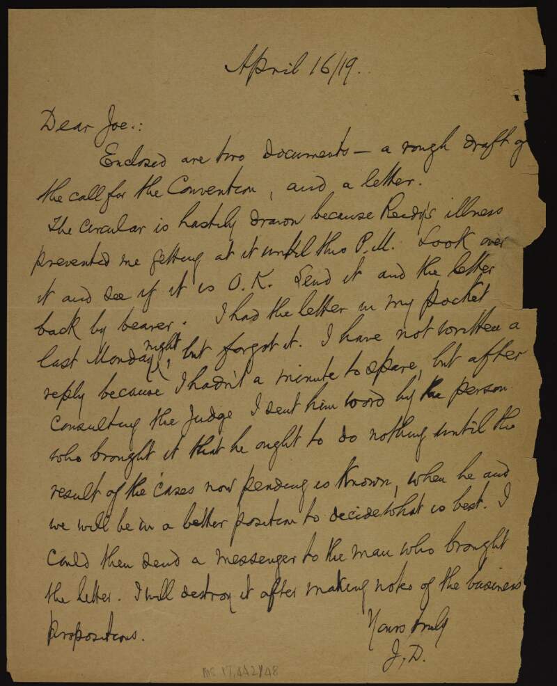 Letter from John Devoy to Joseph McGarrity regarding the next Convention,