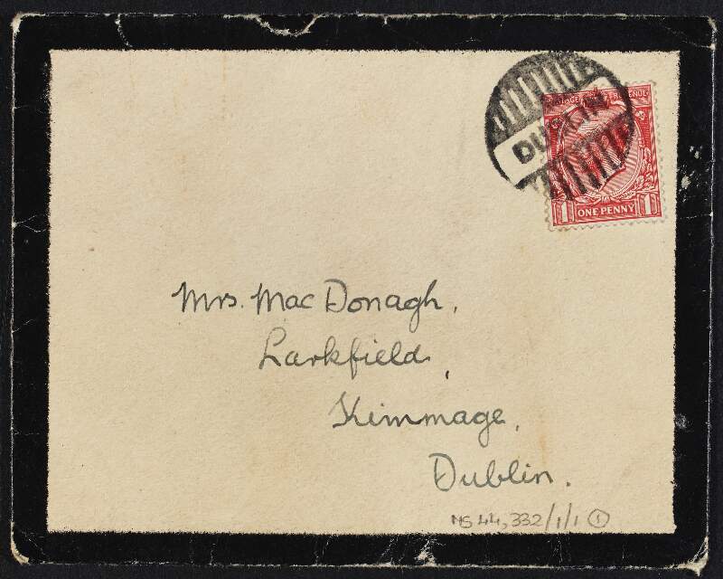 Letter from students at University College Dublin to Muriel MacDonagh, sympathising with her on the death of her husband Thomas,