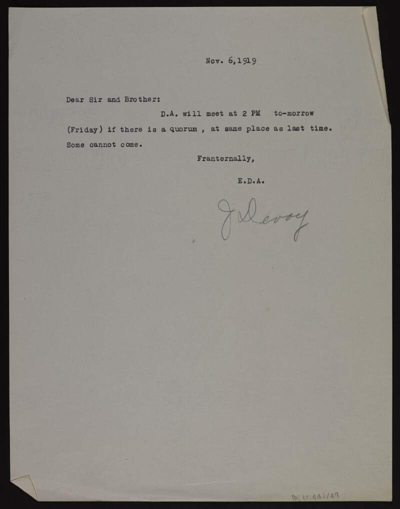 Typescript letter from John Devoy to Joseph McGarrity informing him of the next Clan-na-Gael Executive meeting,