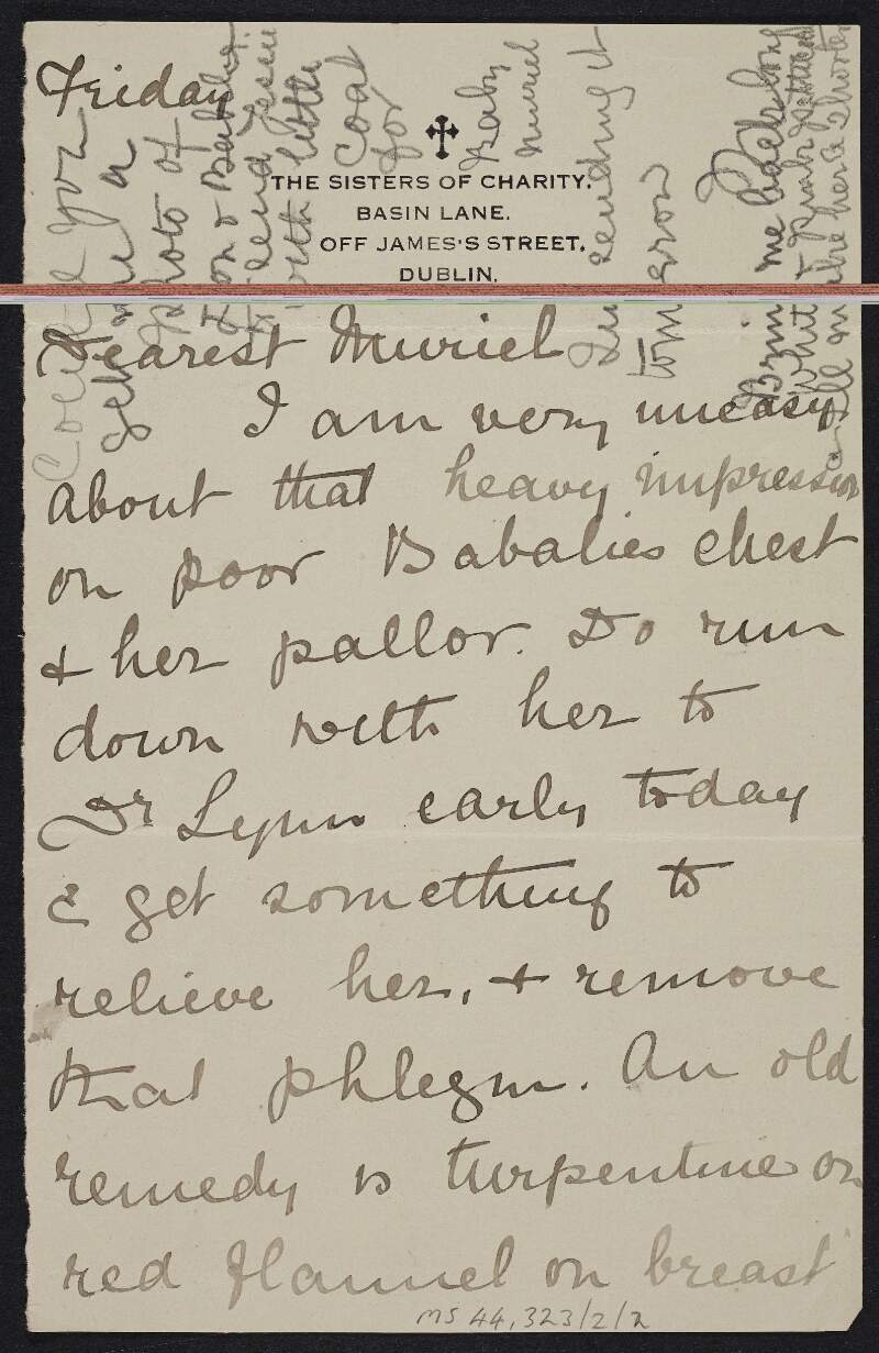 Letter from Mary MacDonagh, Sister Francesca, telling her to bring Barbara to the doctor in order to relieve her sickness,