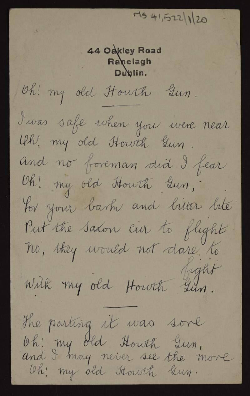 'Oh! my old Howth gun', partial song lyrics by an unidentified author,